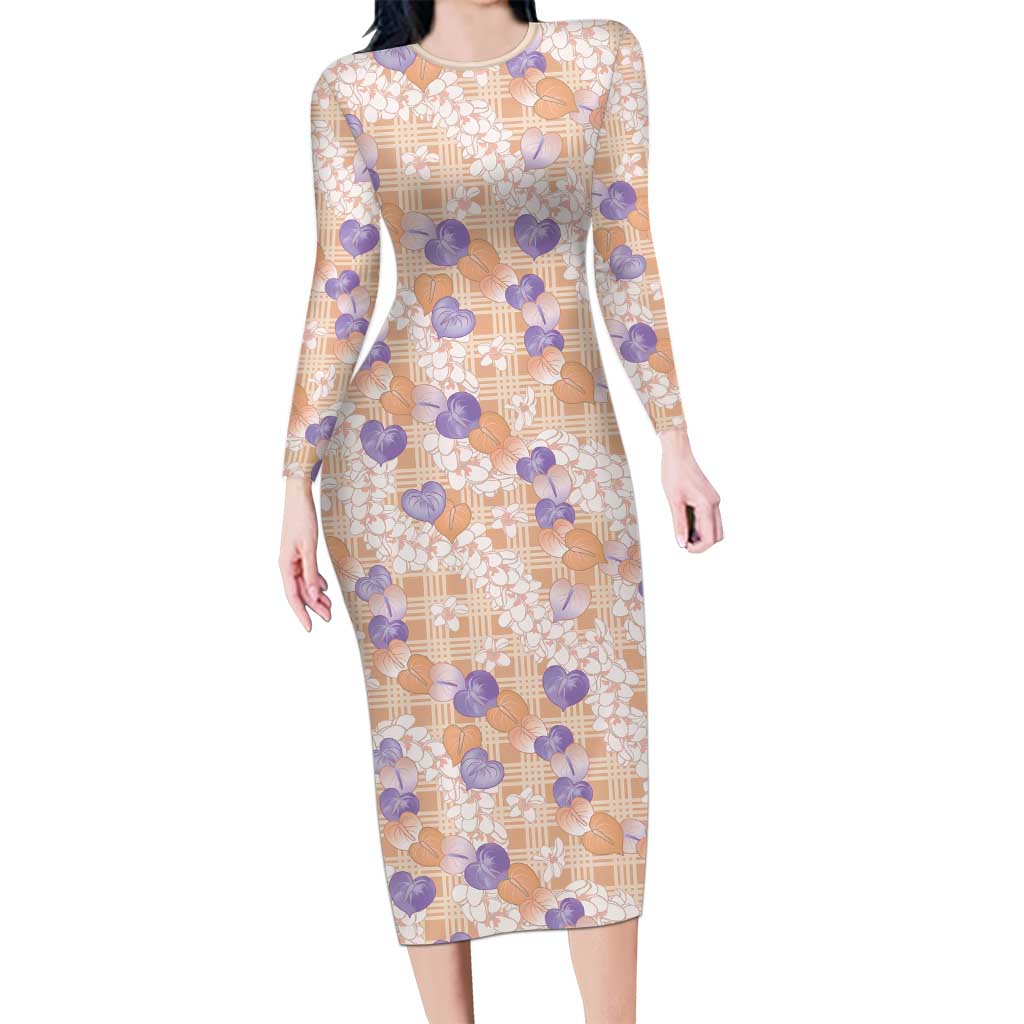Anthurium Plumeria Lei Pastel Long Sleeve Bodycon Dress Orange Hawaiian Splendid Palaka