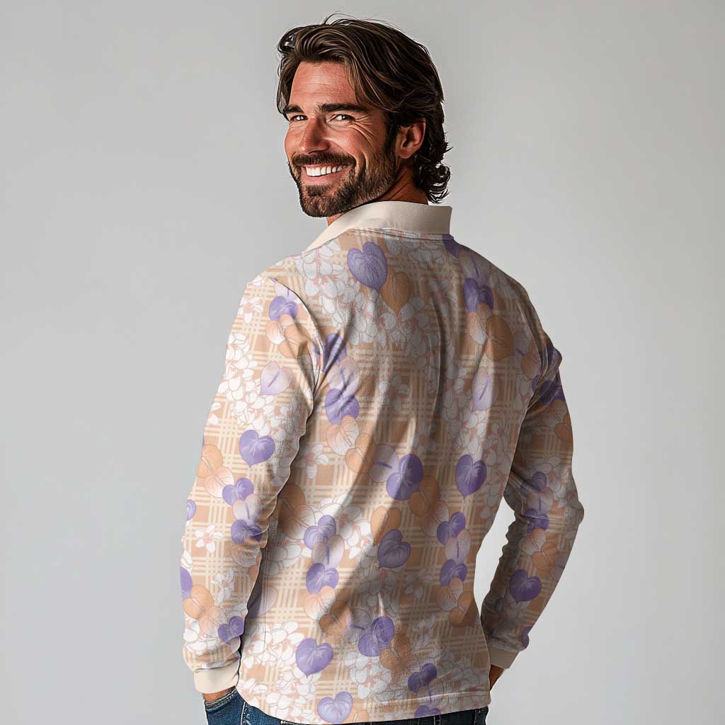 Anthurium Plumeria Lei Pastel Long Sleeve Polo Shirt Orange Hawaiian Splendid Palaka