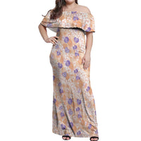 Anthurium Plumeria Lei Pastel Off Shoulder Maxi Dress Orange Hawaiian Splendid Palaka
