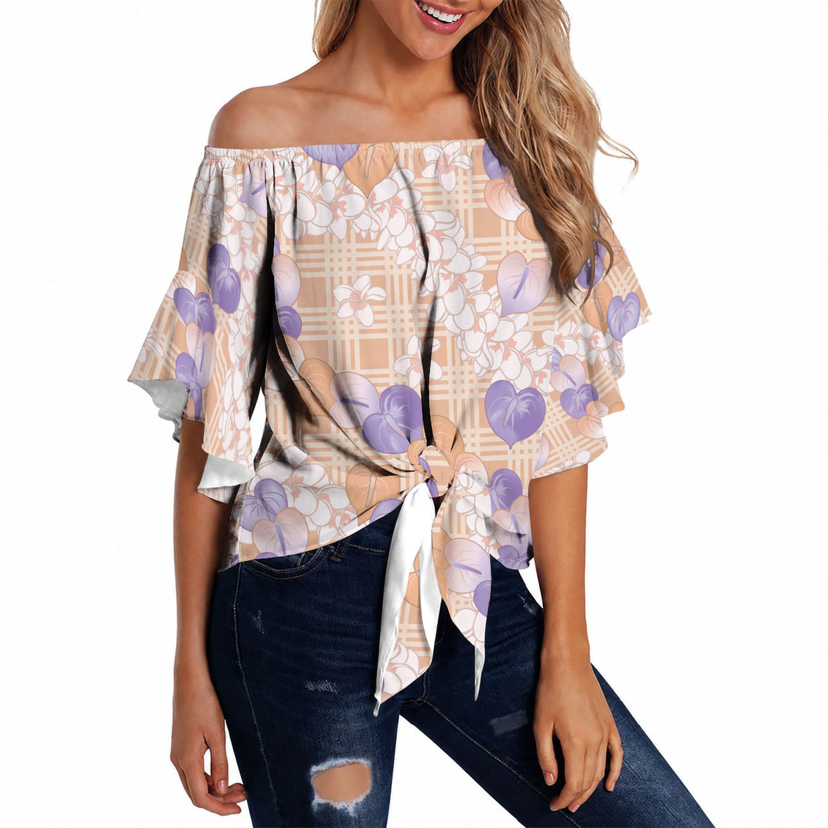 Anthurium Plumeria Lei Pastel Off Shoulder Wrap Waist Top Orange Hawaiian Splendid Palaka LT01 - Polynesian Pride