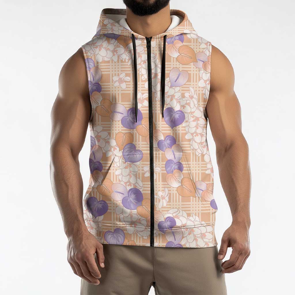 Anthurium Plumeria Lei Pastel Sleeveless Zip Hoodie Orange Hawaiian Splendid Palaka
