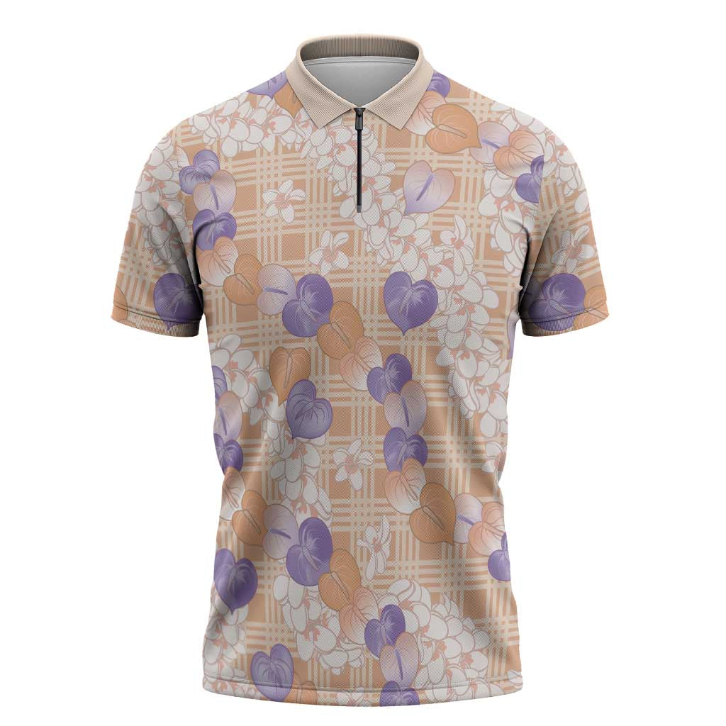Anthurium Plumeria Lei Pastel Zipper Polo Shirt Orange Hawaiian Splendid Palaka