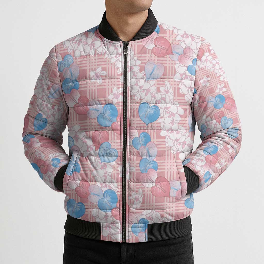 Anthurium Plumeria Lei Pastel Bomber Puffer Jacket Pink Hawaiian Splendid Palaka