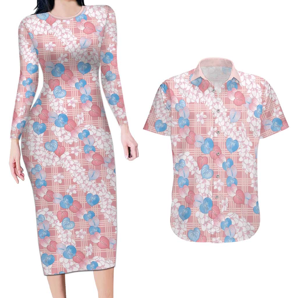 Anthurium Plumeria Lei Pastel Couples Matching Long Sleeve Bodycon Dress and Hawaiian Shirt Pink Hawaiian Splendid Palaka LT01 Pink - Polynesian Pride