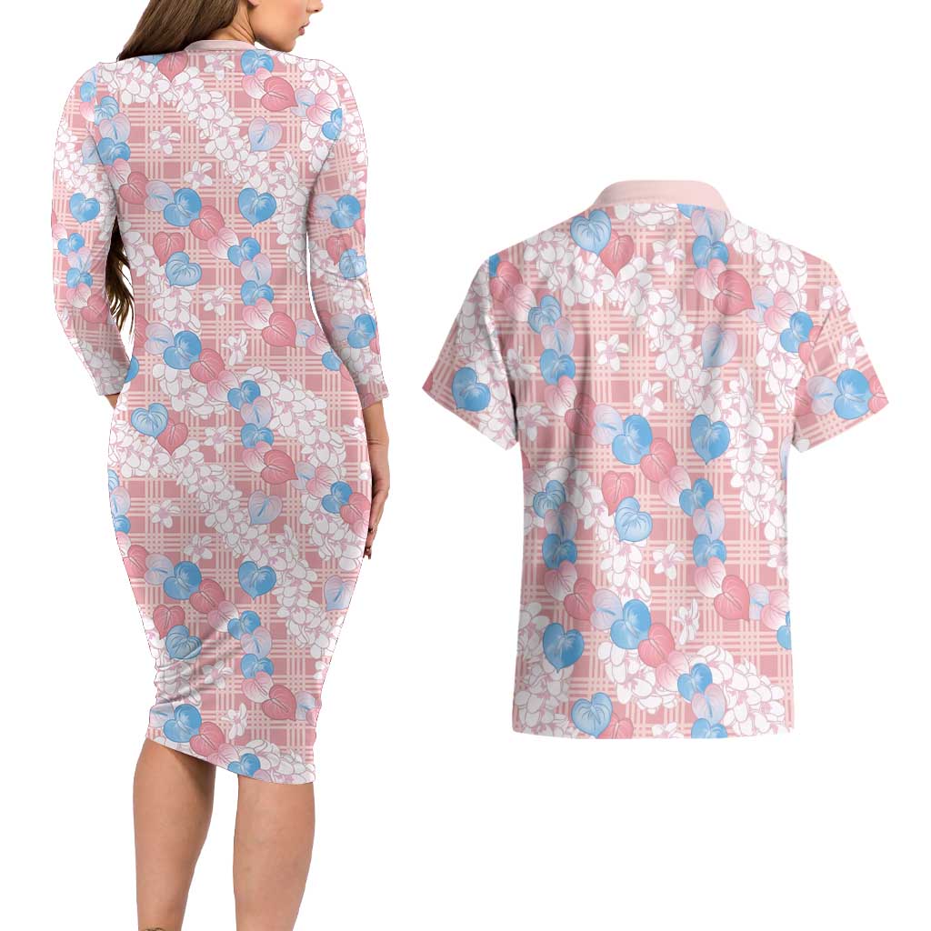 Anthurium Plumeria Lei Pastel Couples Matching Long Sleeve Bodycon Dress and Hawaiian Shirt Pink Hawaiian Splendid Palaka LT01 - Polynesian Pride