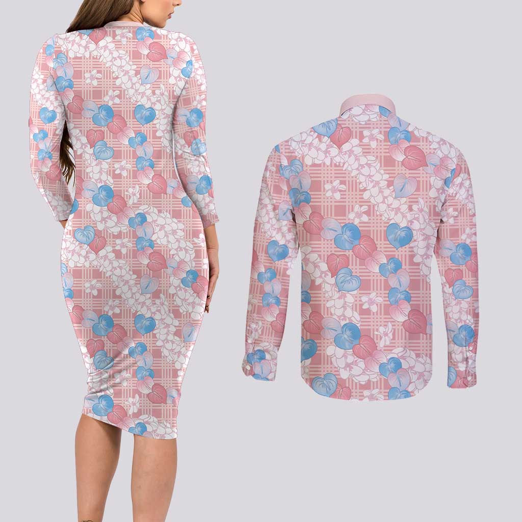 Anthurium Plumeria Lei Pastel Couples Matching Long Sleeve Bodycon Dress and Long Sleeve Button Shirt Pink Hawaiian Splendid Palaka