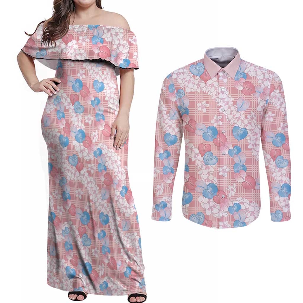 Anthurium Plumeria Lei Pastel Couples Matching Off Shoulder Maxi Dress and Long Sleeve Button Shirt Pink Hawaiian Splendid Palaka
