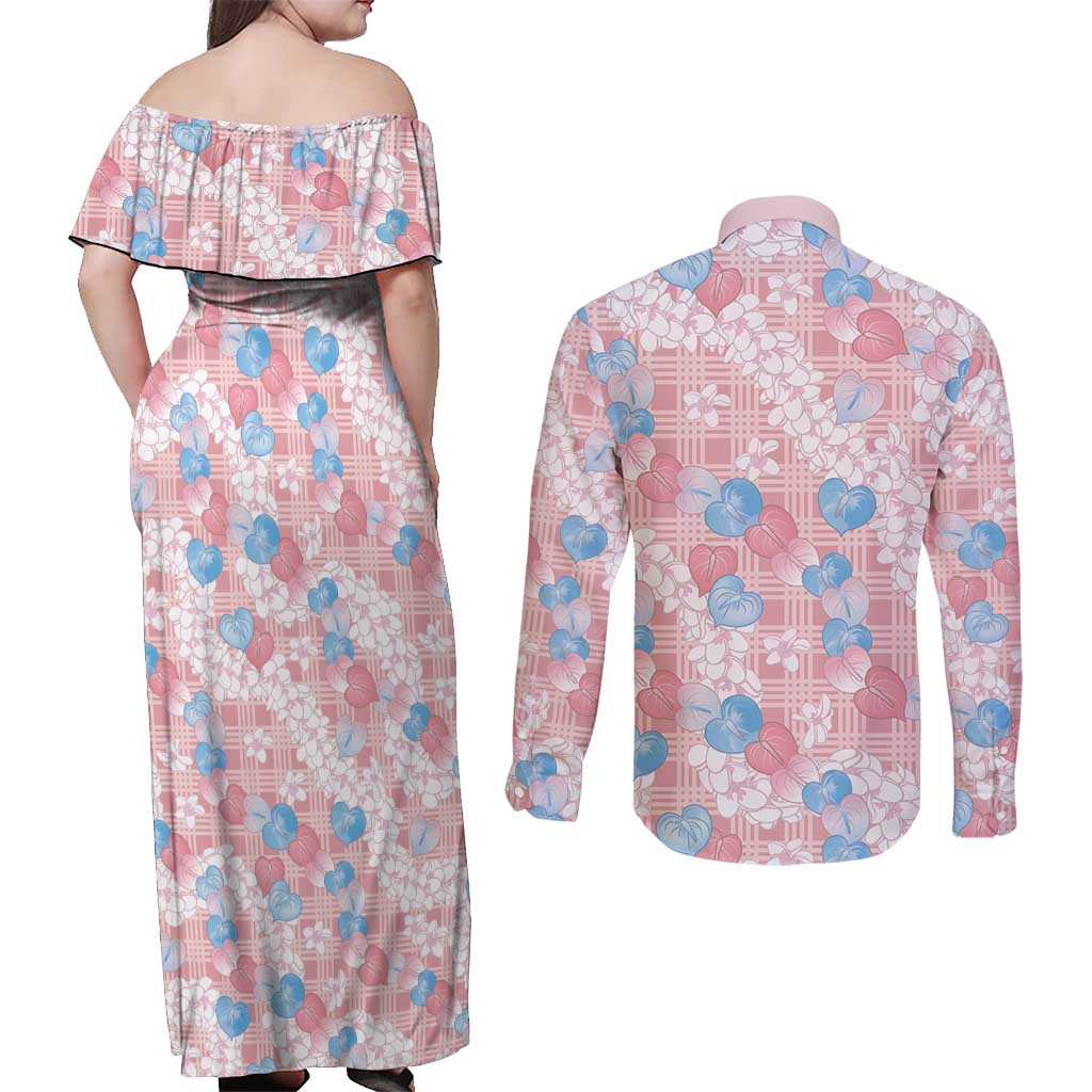 Anthurium Plumeria Lei Pastel Couples Matching Off Shoulder Maxi Dress and Long Sleeve Button Shirt Pink Hawaiian Splendid Palaka