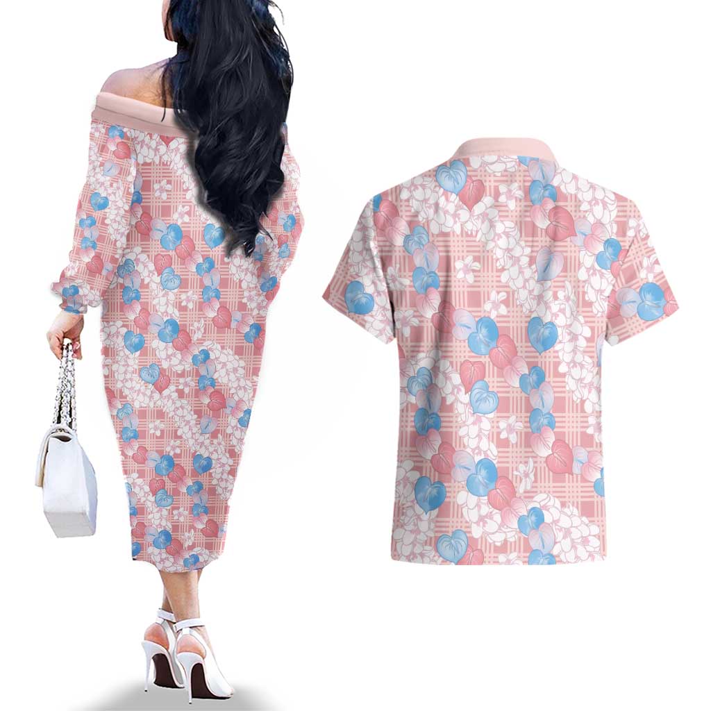Anthurium Plumeria Lei Pastel Couples Matching Off The Shoulder Long Sleeve Dress and Hawaiian Shirt Pink Hawaiian Splendid Palaka LT01 - Polynesian Pride