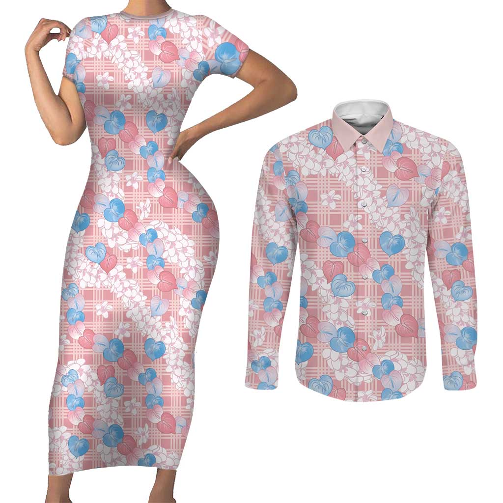 Anthurium Plumeria Lei Pastel Couples Matching Short Sleeve Bodycon Dress and Long Sleeve Button Shirt Pink Hawaiian Splendid Palaka