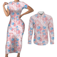 Anthurium Plumeria Lei Pastel Couples Matching Short Sleeve Bodycon Dress and Long Sleeve Button Shirt Pink Hawaiian Splendid Palaka