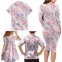 Anthurium Plumeria Lei Pastel Family Matching Long Sleeve Bodycon Dress and Hawaiian Shirt Pink Hawaiian Splendid Palaka LT01 - Polynesian Pride