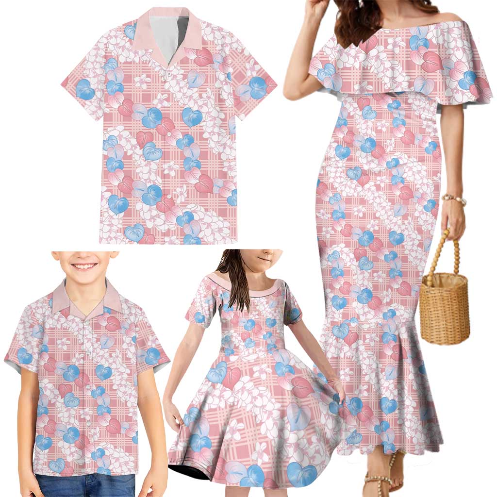 Anthurium Plumeria Lei Pastel Family Matching Mermaid Dress and Hawaiian Shirt Pink Hawaiian Splendid Palaka LT01 - Polynesian Pride