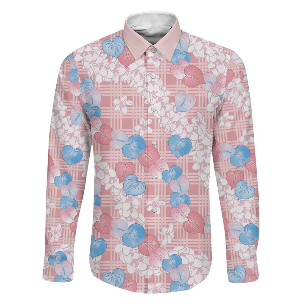 Anthurium Plumeria Lei Pastel Family Matching Off The Shoulder Long Sleeve Dress and Hawaiian Shirt Pink Hawaiian Splendid Palaka LT01 Dad's Shirt - Long Sleeve Pink - Polynesian Pride