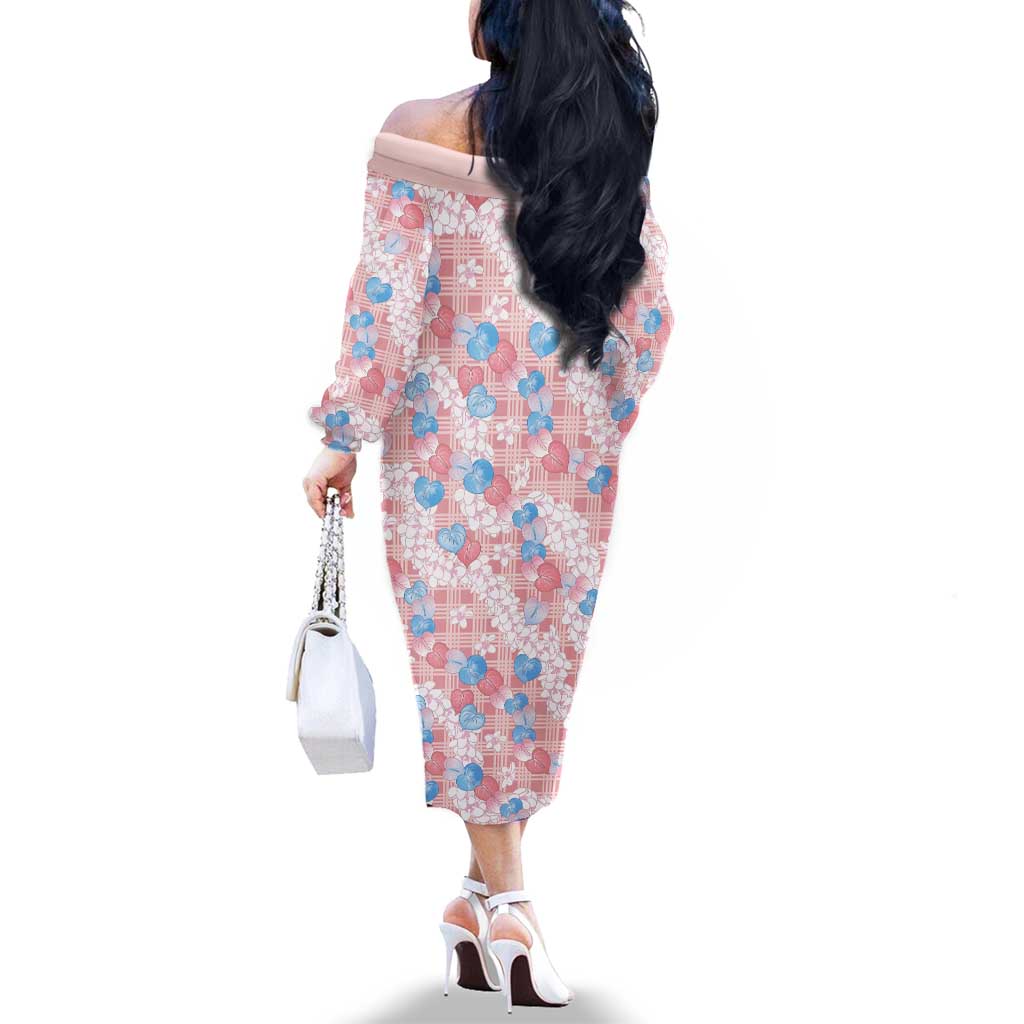 Anthurium Plumeria Lei Pastel Family Matching Off The Shoulder Long Sleeve Dress and Hawaiian Shirt Pink Hawaiian Splendid Palaka LT01 - Polynesian Pride