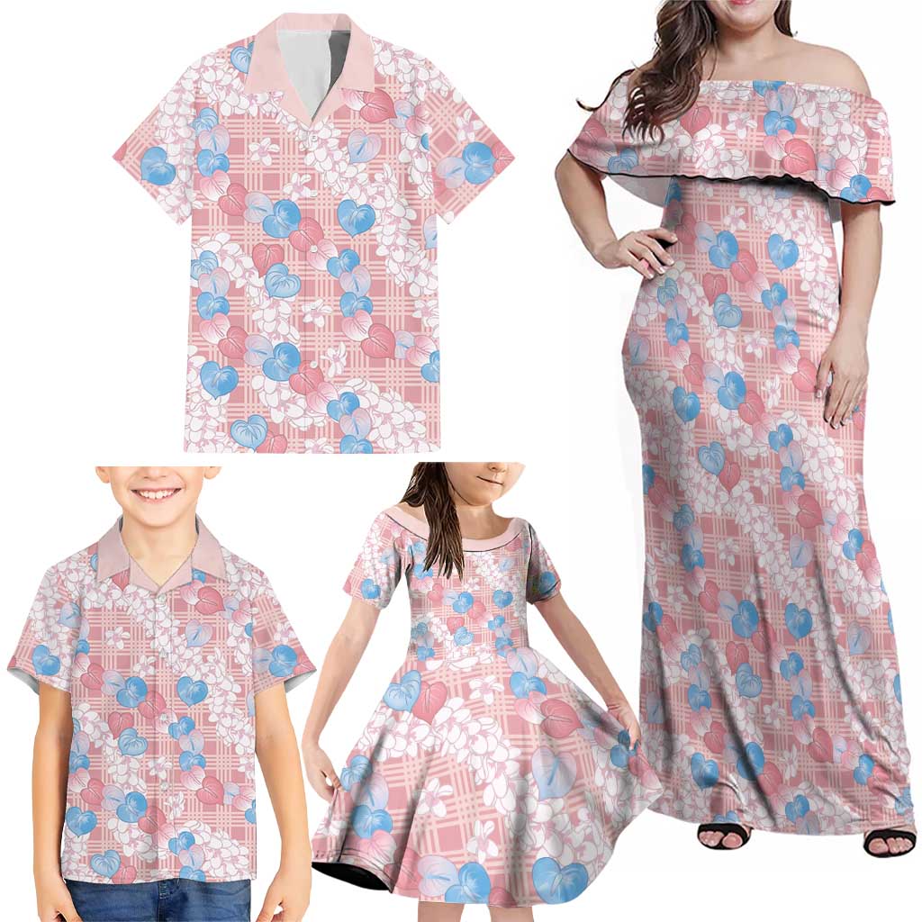 Anthurium Plumeria Lei Pastel Family Matching Off Shoulder Maxi Dress and Hawaiian Shirt Pink Hawaiian Splendid Palaka LT01 - Polynesian Pride