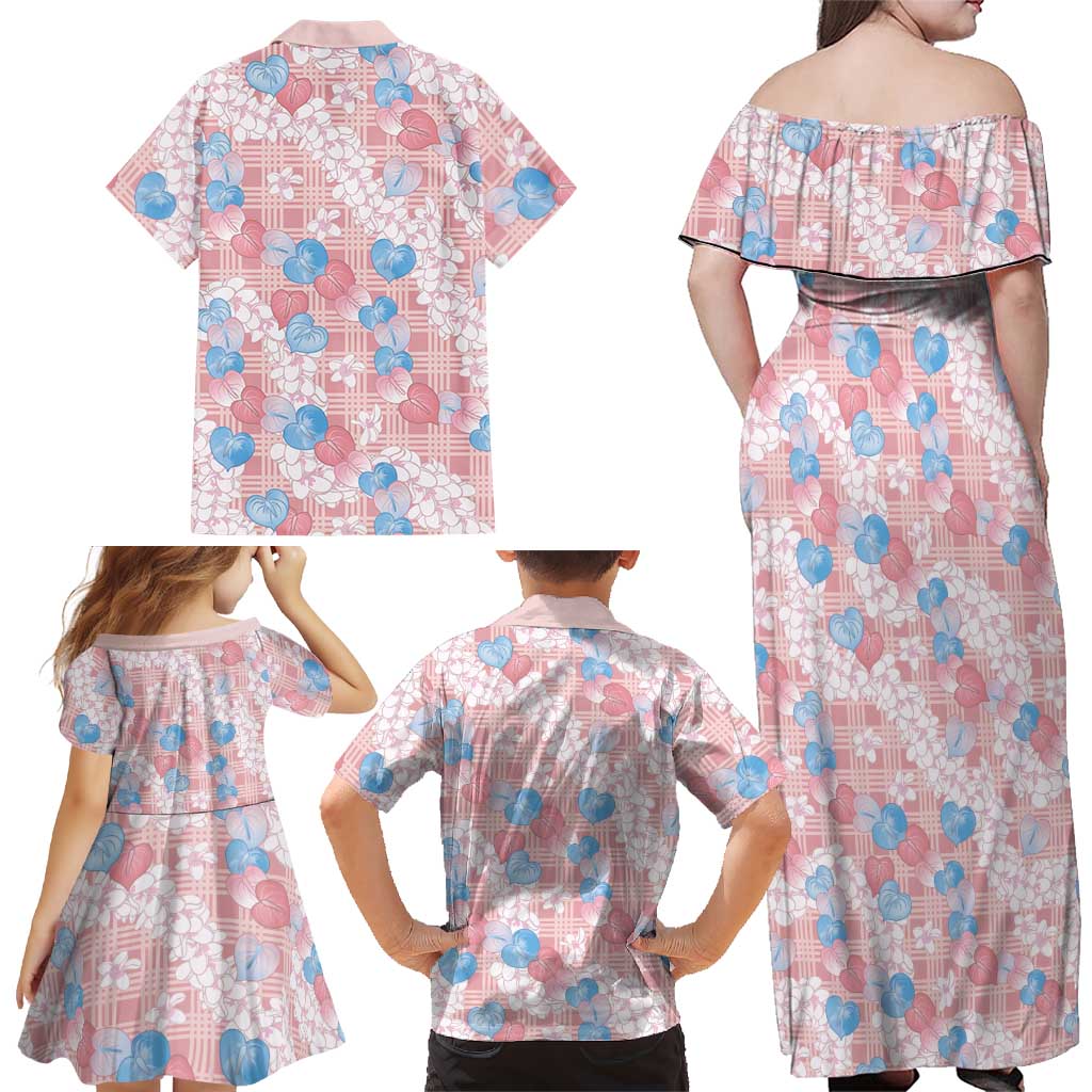 Anthurium Plumeria Lei Pastel Family Matching Off Shoulder Maxi Dress and Hawaiian Shirt Pink Hawaiian Splendid Palaka LT01 - Polynesian Pride