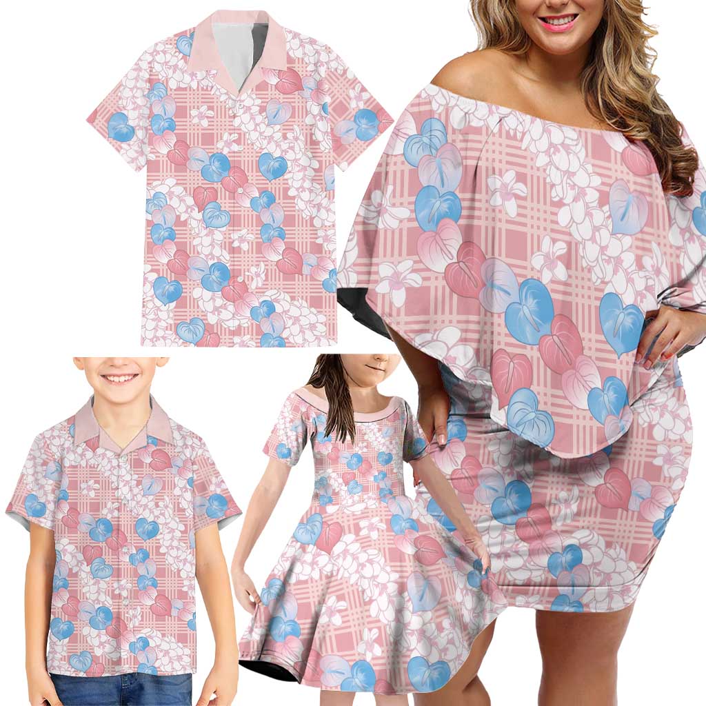 Anthurium Plumeria Lei Pastel Family Matching Off Shoulder Short Dress and Hawaiian Shirt Pink Hawaiian Splendid Palaka LT01 - Polynesian Pride