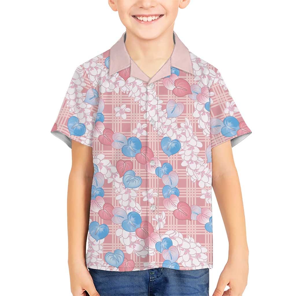 Anthurium Plumeria Lei Pastel Family Matching Off Shoulder Short Dress and Hawaiian Shirt Pink Hawaiian Splendid Palaka LT01 Son's Shirt Pink - Polynesian Pride