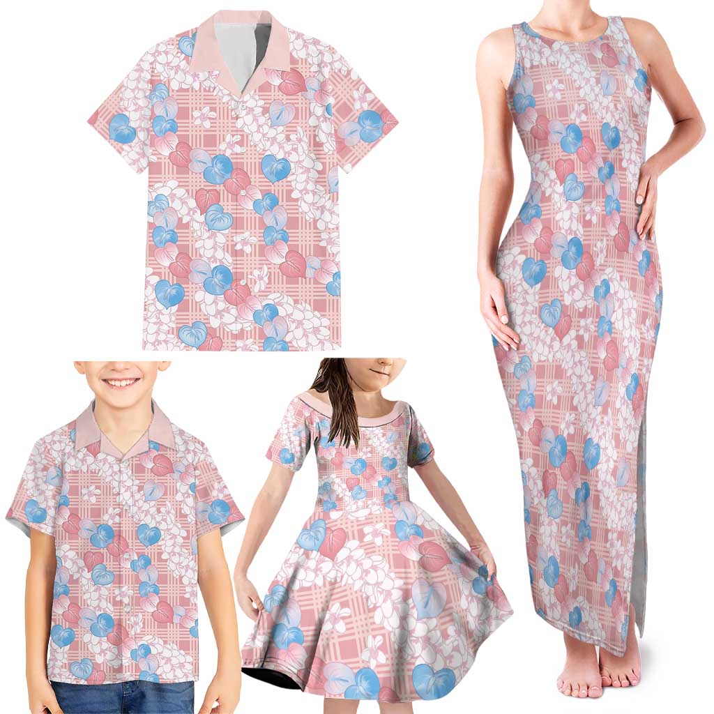 Anthurium Plumeria Lei Pastel Family Matching Tank Maxi Dress and Hawaiian Shirt Pink Hawaiian Splendid Palaka LT01 - Polynesian Pride