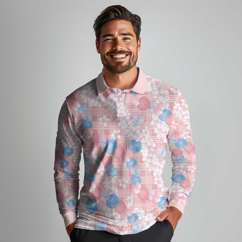 Anthurium Plumeria Lei Pastel Long Sleeve Polo Shirt Pink Hawaiian Splendid Palaka