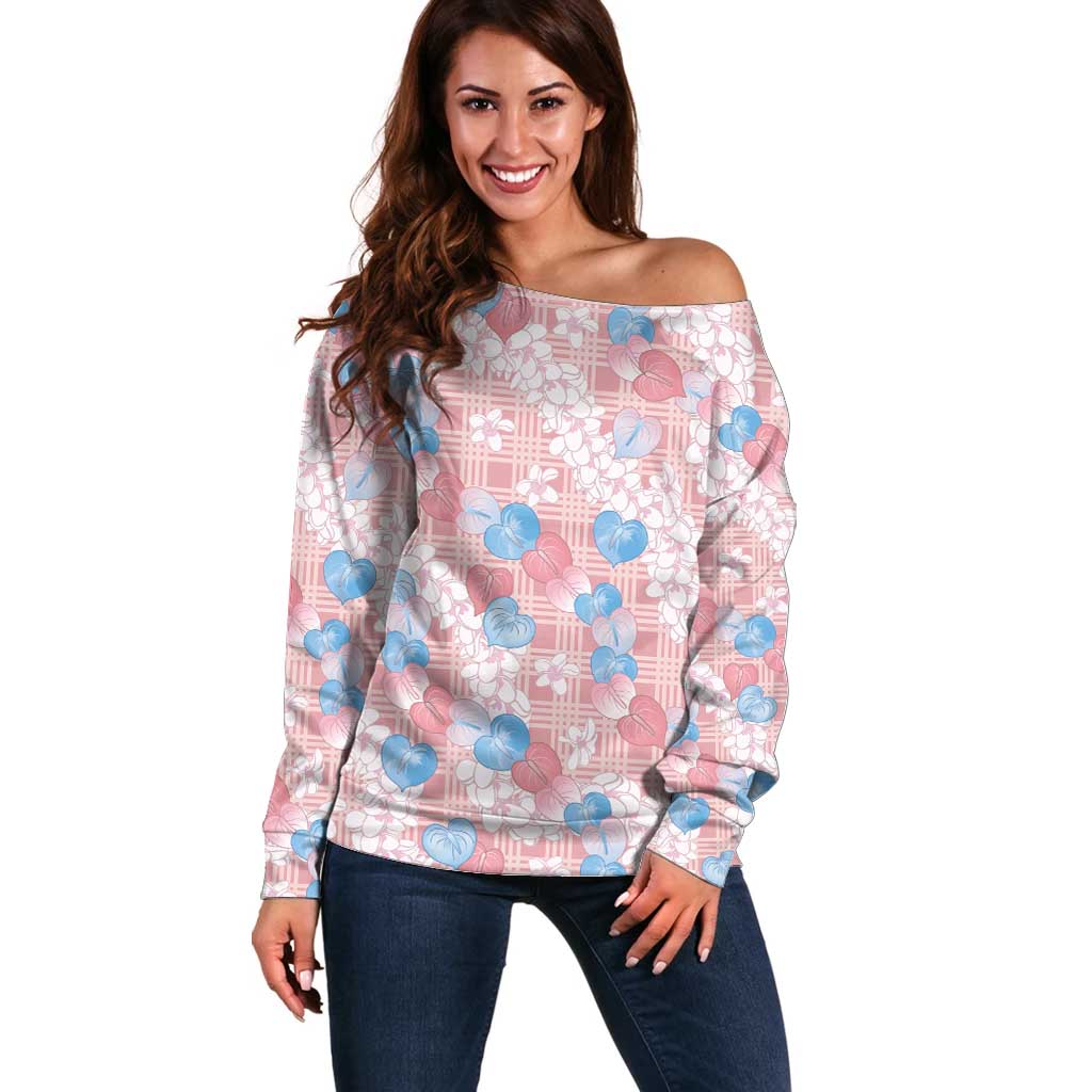 Anthurium Plumeria Lei Pastel Off Shoulder Sweater Pink Hawaiian Splendid Palaka