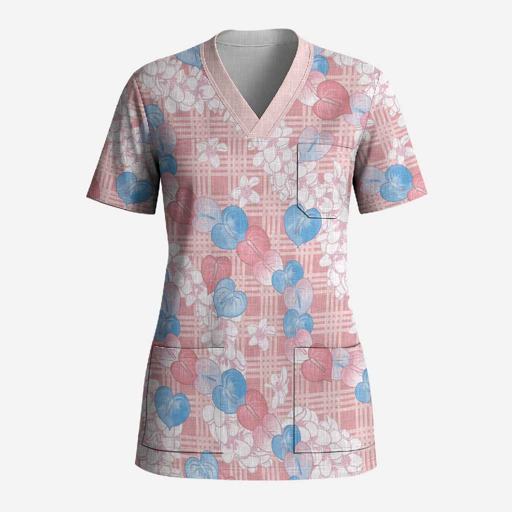 Anthurium Plumeria Lei Pastel Scrub Top Pink Hawaiian Splendid Palaka