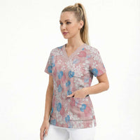 Anthurium Plumeria Lei Pastel Scrub Top Pink Hawaiian Splendid Palaka