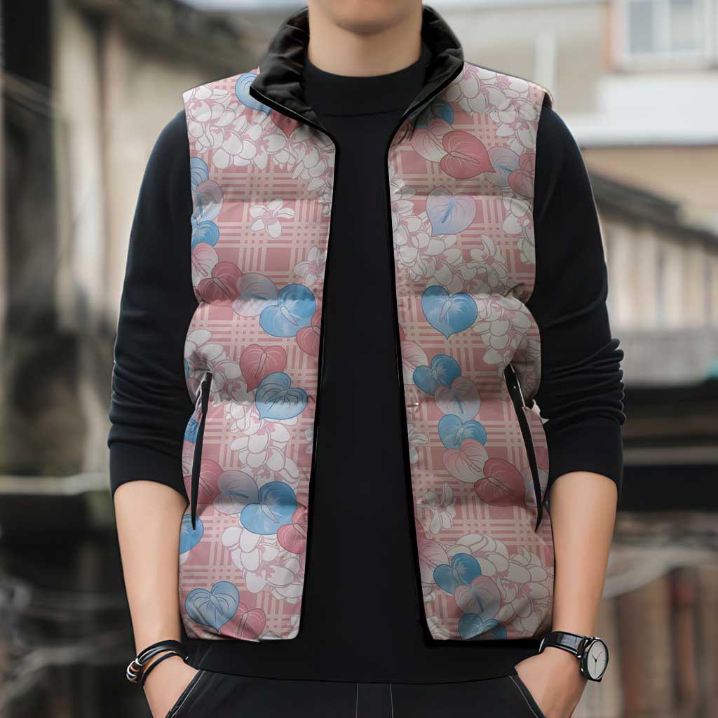Anthurium Plumeria Lei Pastel Sleeveless Puffer Jacket Pink Hawaiian Splendid Palaka