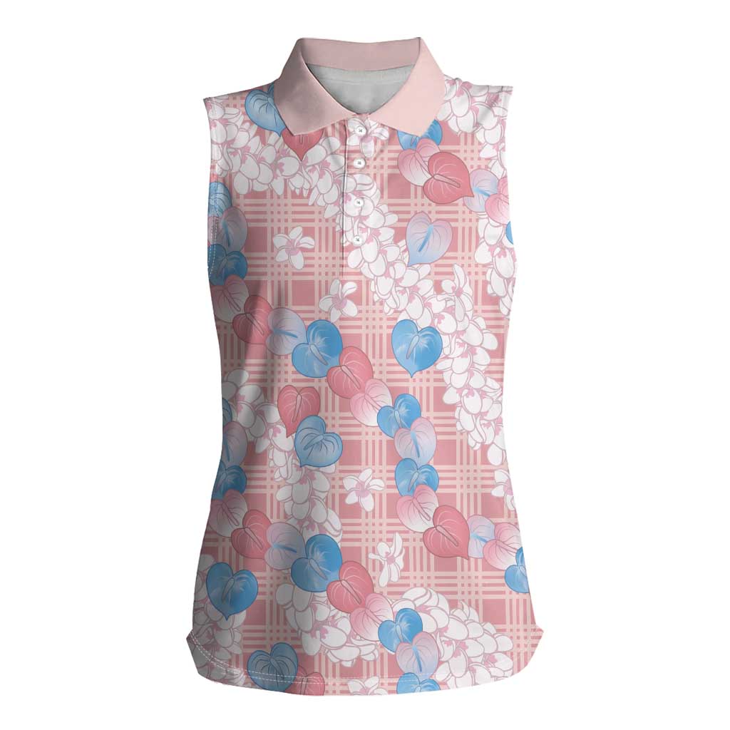 Anthurium Plumeria Lei Pastel Women Sleeveless Polo Shirt Pink Hawaiian Splendid Palaka