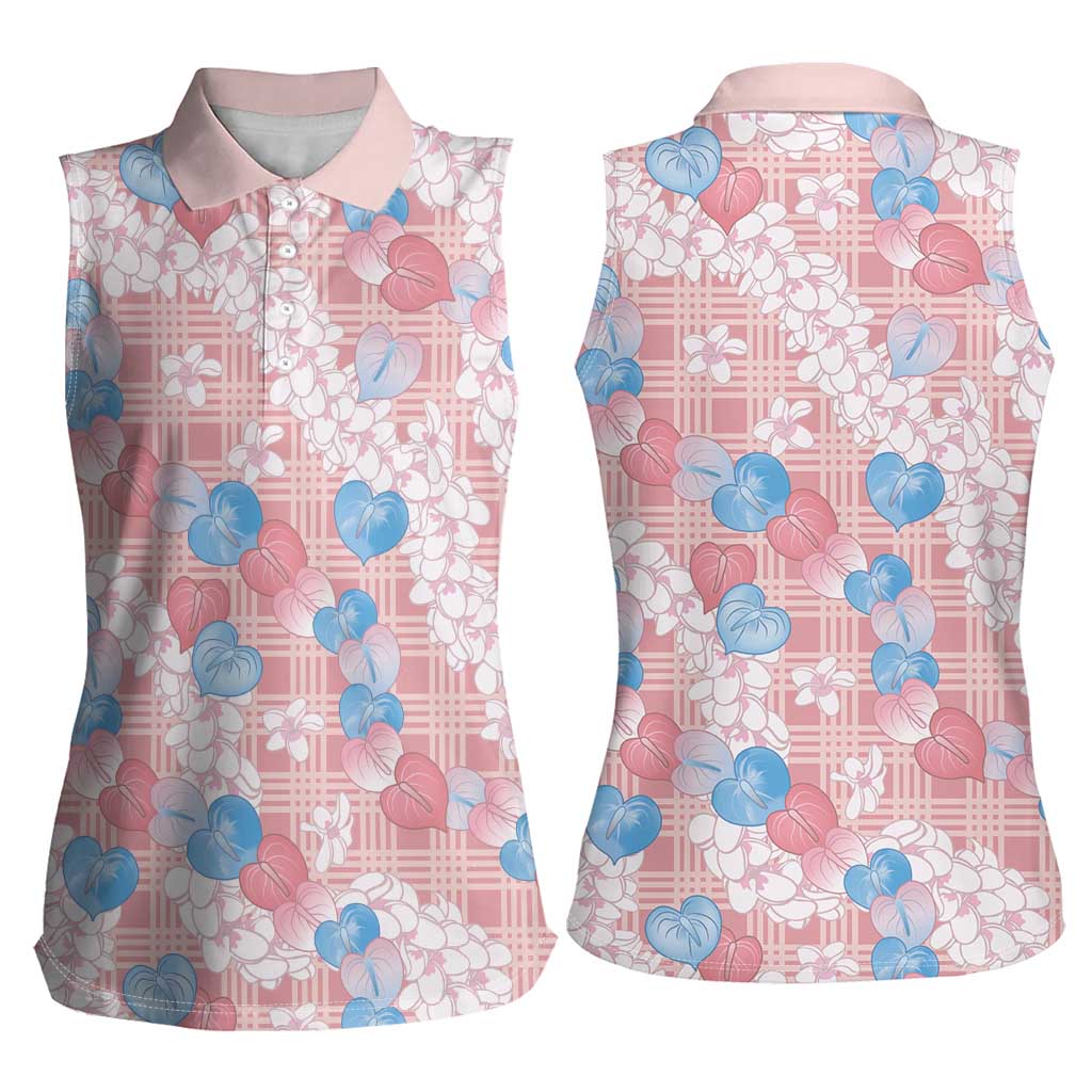 Anthurium Plumeria Lei Pastel Women Sleeveless Polo Shirt Pink Hawaiian Splendid Palaka