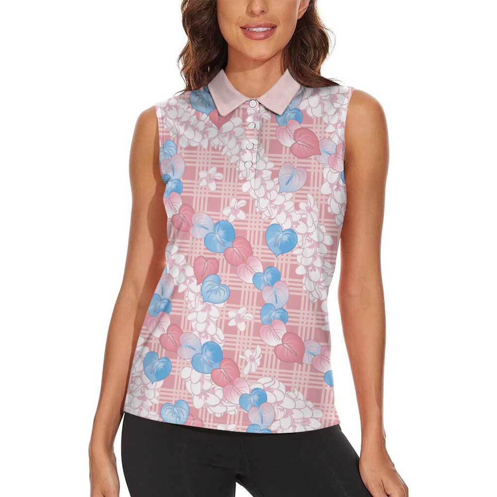 Anthurium Plumeria Lei Pastel Women Sleeveless Polo Shirt Pink Hawaiian Splendid Palaka