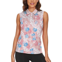 Anthurium Plumeria Lei Pastel Women Sleeveless Polo Shirt Pink Hawaiian Splendid Palaka
