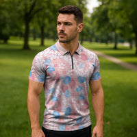 Anthurium Plumeria Lei Pastel Zipper Polo Shirt Pink Hawaiian Splendid Palaka