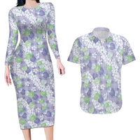 Anthurium Plumeria Lei Pastel Couples Matching Long Sleeve Bodycon Dress and Hawaiian Shirt Purple Hawaiian Splendid Palaka LT01 Purple - Polynesian Pride