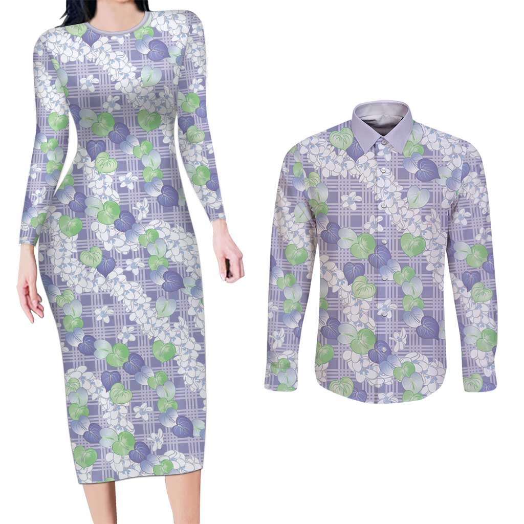 Anthurium Plumeria Lei Pastel Couples Matching Long Sleeve Bodycon Dress and Long Sleeve Button Shirt Purple Hawaiian Splendid Palaka