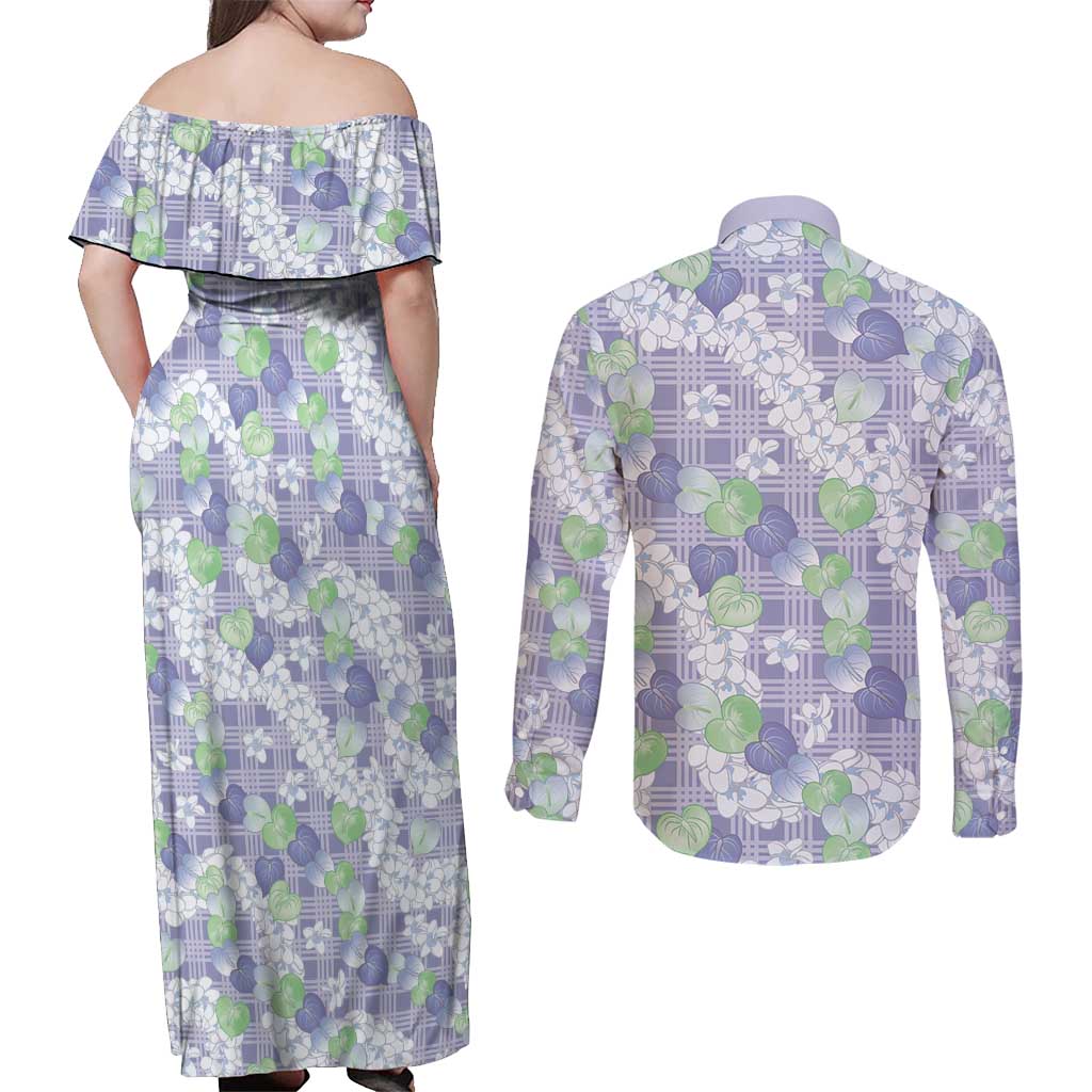 Anthurium Plumeria Lei Pastel Couples Matching Off Shoulder Maxi Dress and Long Sleeve Button Shirt Purple Hawaiian Splendid Palaka