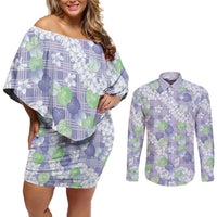 Anthurium Plumeria Lei Pastel Couples Matching Off Shoulder Short Dress and Long Sleeve Button Shirt Purple Hawaiian Splendid Palaka