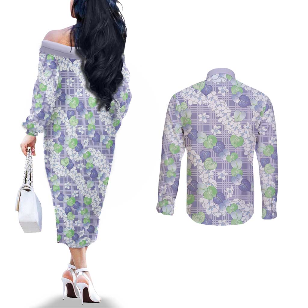 Anthurium Plumeria Lei Pastel Couples Matching Off The Shoulder Long Sleeve Dress and Long Sleeve Button Shirt Purple Hawaiian Splendid Palaka
