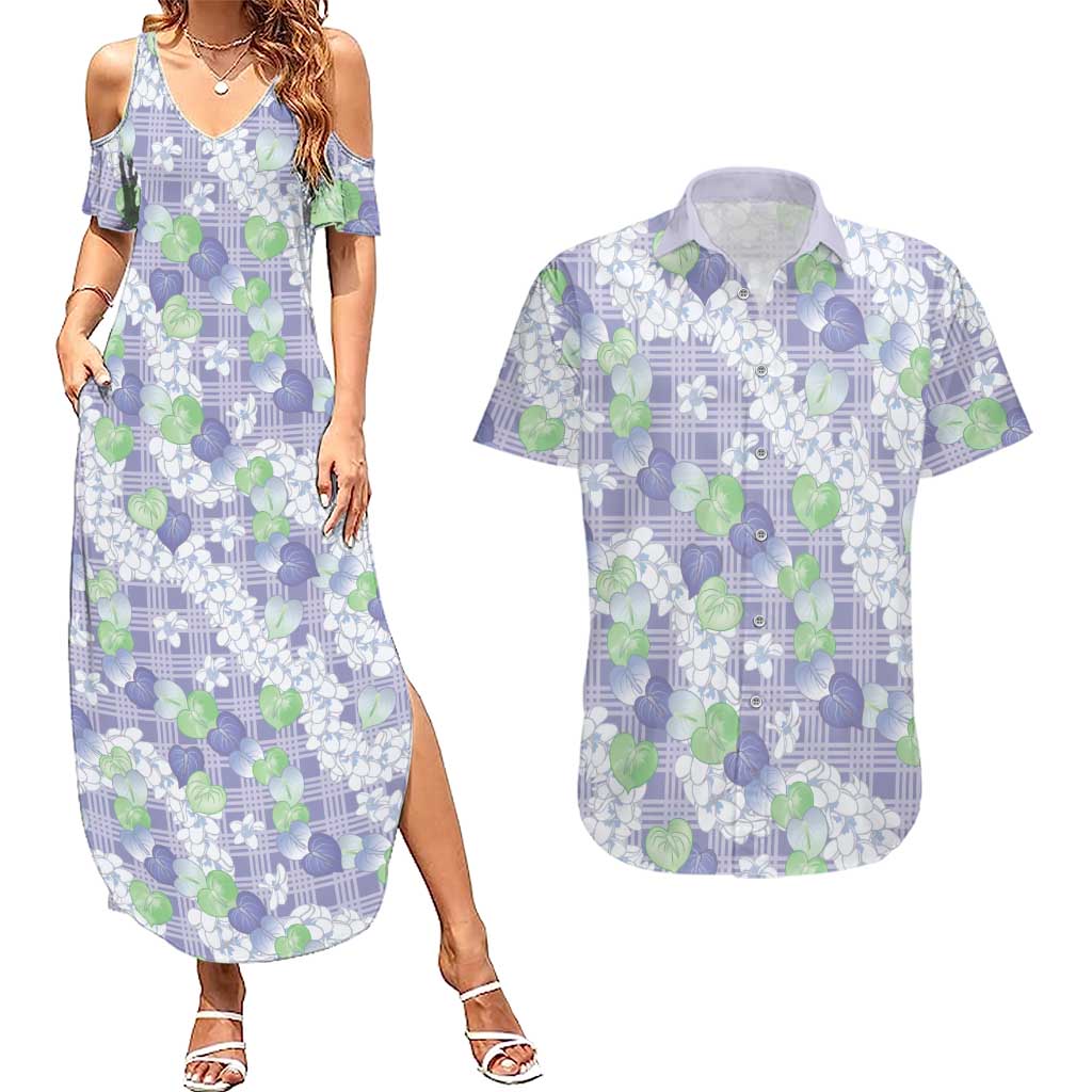 Anthurium Plumeria Lei Pastel Couples Matching Summer Maxi Dress and Hawaiian Shirt Purple Hawaiian Splendid Palaka