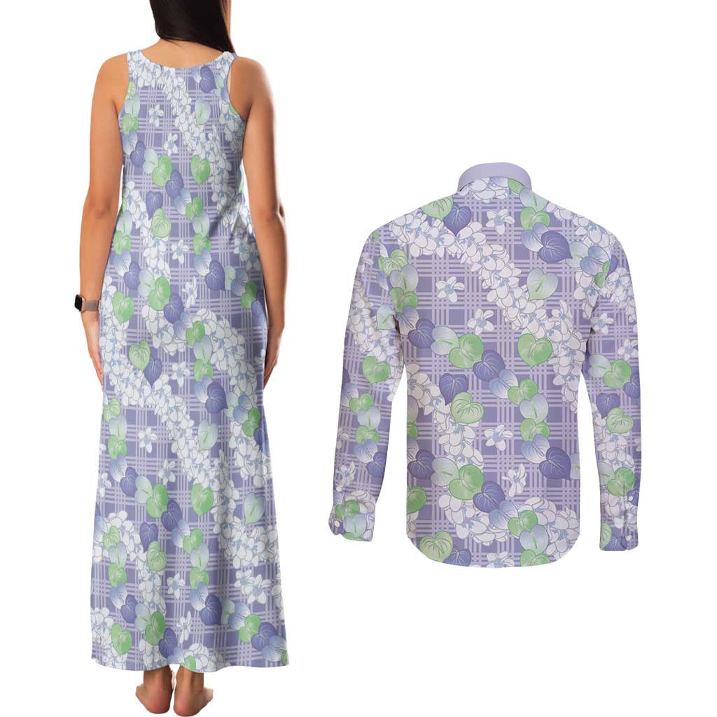 Anthurium Plumeria Lei Pastel Couples Matching Tank Maxi Dress and Long Sleeve Button Shirt Purple Hawaiian Splendid Palaka