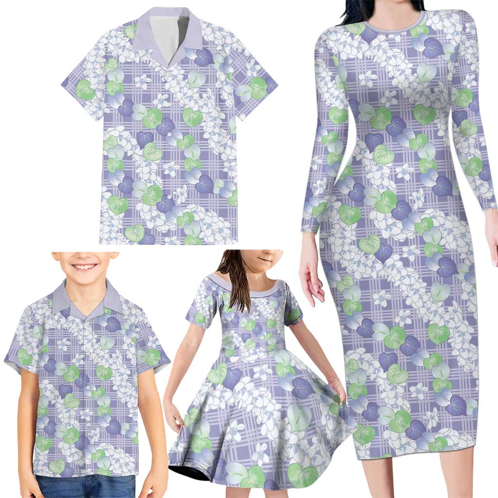 Anthurium Plumeria Lei Pastel Family Matching Long Sleeve Bodycon Dress and Hawaiian Shirt Purple Hawaiian Splendid Palaka LT01 - Polynesian Pride