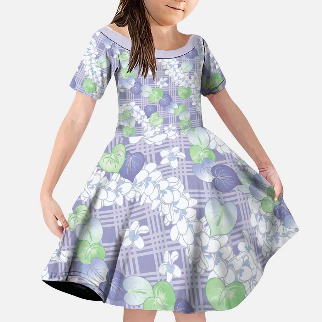Anthurium Plumeria Lei Pastel Family Matching Off The Shoulder Long Sleeve Dress and Hawaiian Shirt Purple Hawaiian Splendid Palaka LT01 Daughter's Dress Purple - Polynesian Pride