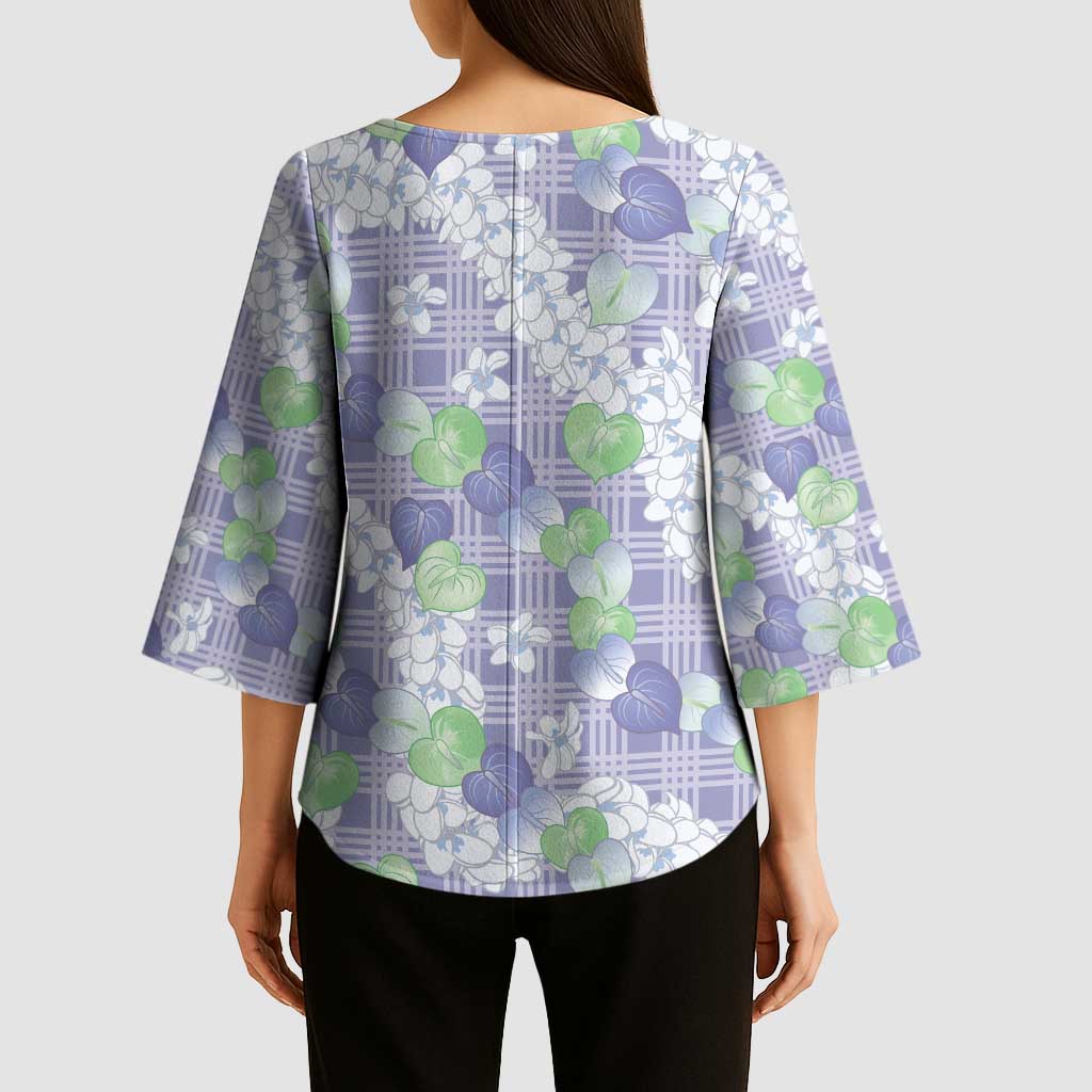 Anthurium Plumeria Lei Pastel Kimono Sleeve Blouse Purple Hawaiian Splendid Palaka