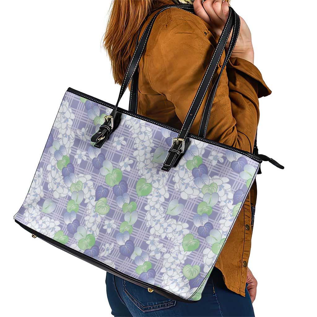 Anthurium Plumeria Lei Pastel Leather Tote Bag Purple Hawaiian Splendid Palaka