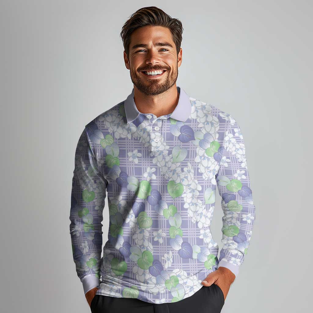 Anthurium Plumeria Lei Pastel Long Sleeve Polo Shirt Purple Hawaiian Splendid Palaka