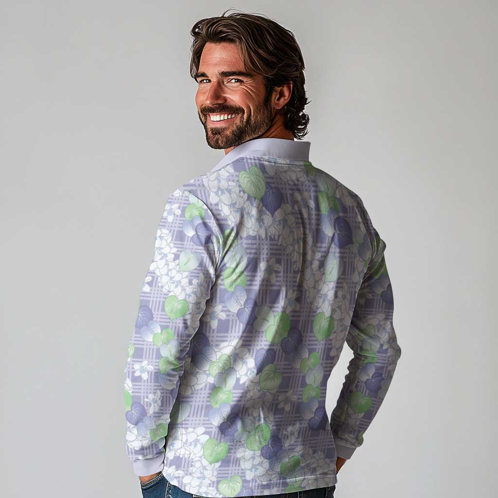 Anthurium Plumeria Lei Pastel Long Sleeve Polo Shirt Purple Hawaiian Splendid Palaka