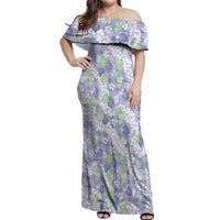 Anthurium Plumeria Lei Pastel Off Shoulder Maxi Dress Purple Hawaiian Splendid Palaka