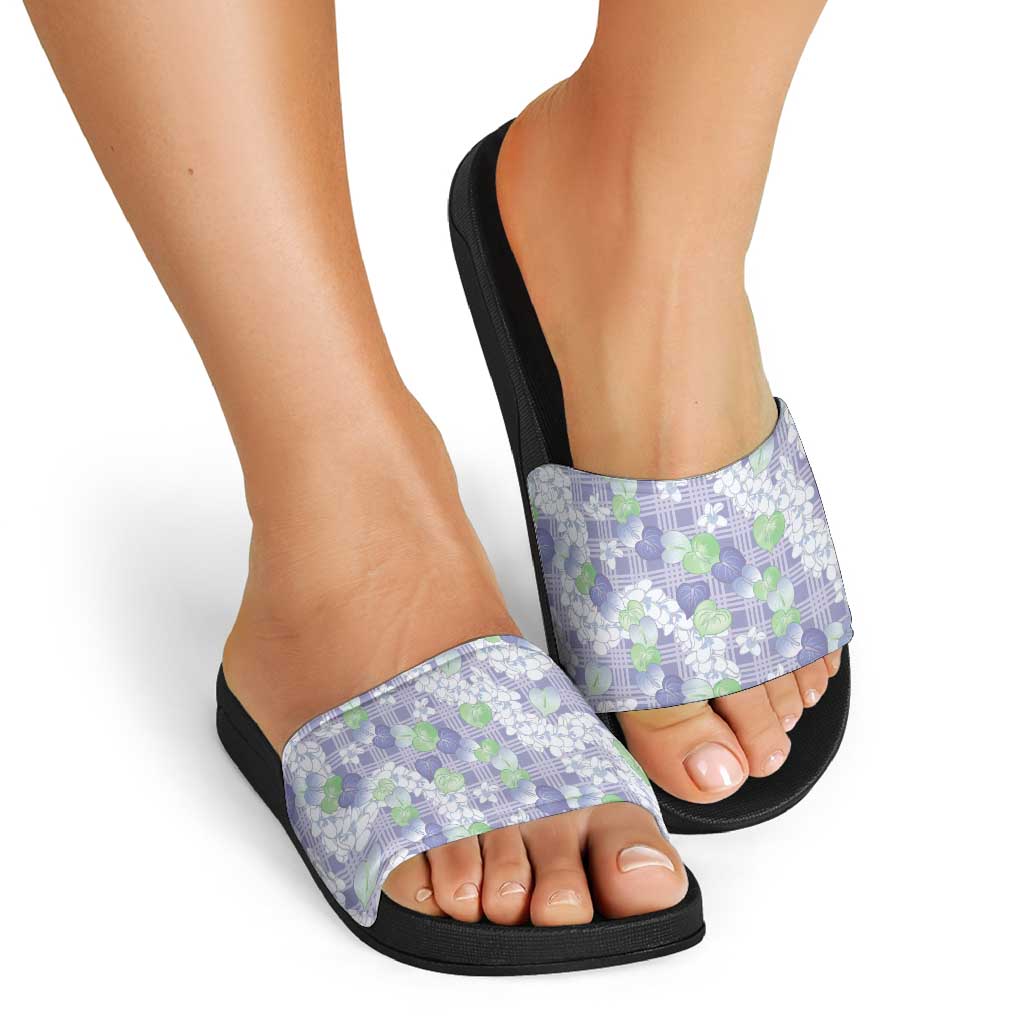 Anthurium Plumeria Lei Pastel Slide Sandals Purple Hawaiian Splendid Palaka