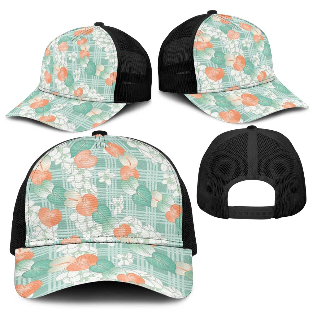Anthurium Plumeria Lei Pastel Baseball Net Cap Teal Hawaiian Splendid Palaka